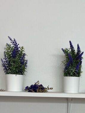 Purple Potted Artificial Lavender Trio and 10 forget me not stem decor